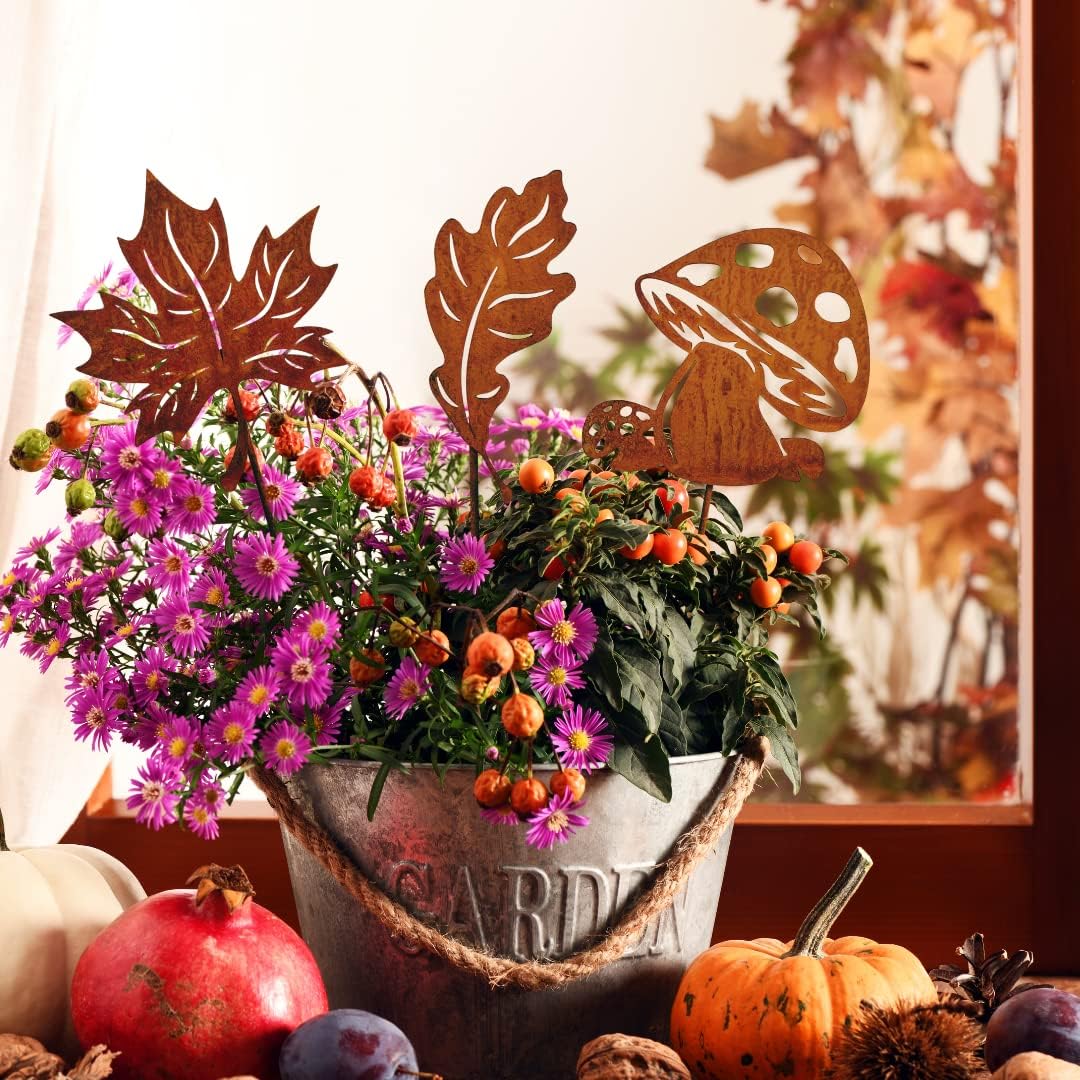 Terma Stahldesign Rostfigur Gartenstecker Set Herbst Zwei Blätter EIN Pilz mit Spiess 40-45cm tolle