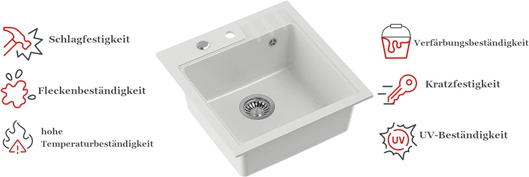 VBChome Spüle mit Armatur 52 x 50 cm Weiss Chrom Tiefes Becken Küche Einbauspüle Verbundspüle Küchen