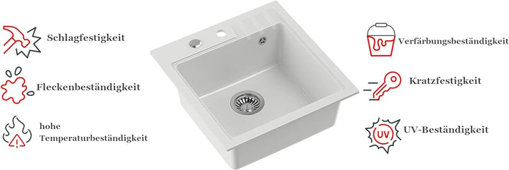 VBChome Spüle mit Armatur 52 x 50 cm Weiss Chrom Tiefes Becken Küche Einbauspüle Verbundspüle Küchen