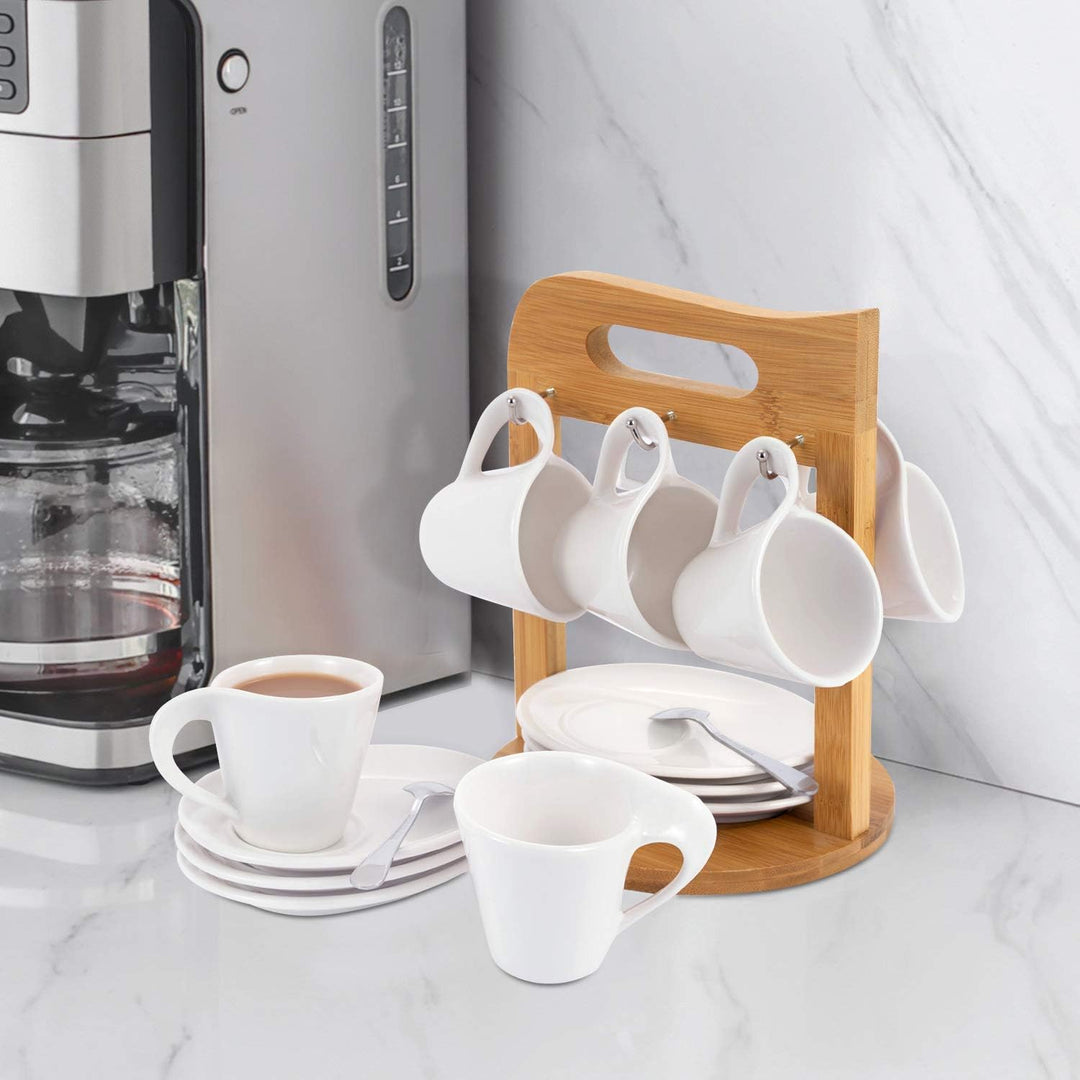 JUJOYBD Espressotassen Set mit Ständer, 6 x 80ml Porzellan Espresso Tassen mit Untertassen Set, Mokk