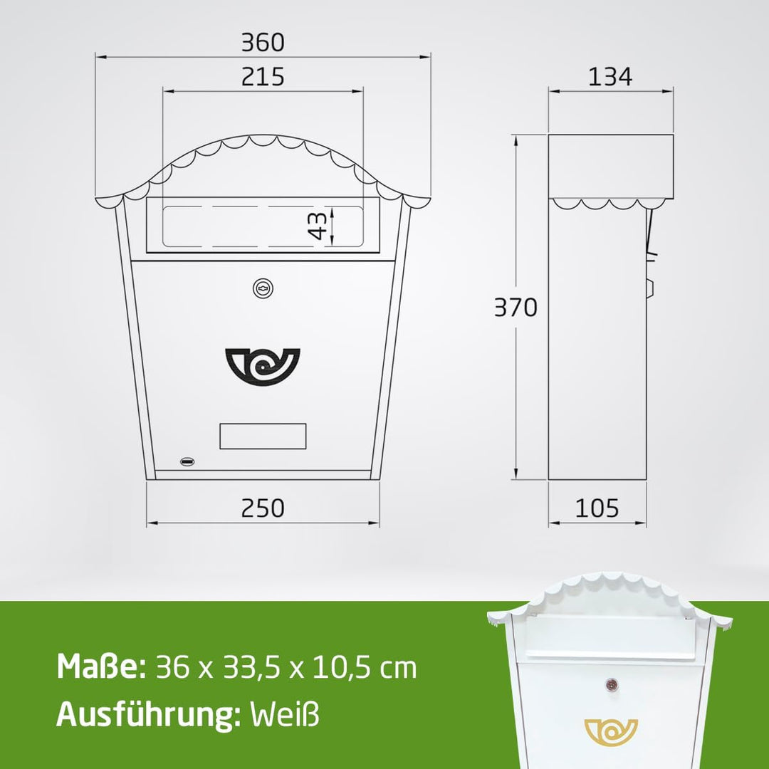 Amig 7463 - Aussenbriefkasten Modell 1, aus Stahl, Farbe Weiss, Masse 37 x 32 x 10,5 cm (DIN-A4-Papi