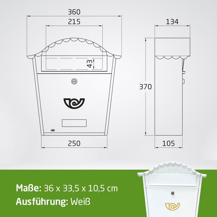 Amig 7463 - Aussenbriefkasten Modell 1, aus Stahl, Farbe Weiss, Masse 37 x 32 x 10,5 cm (DIN-A4-Papi
