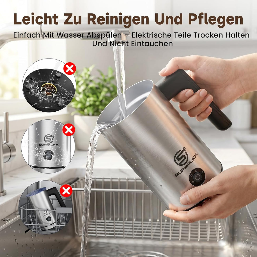 Milchaufschäumer Elektrisch 4-in-1 Edelstahl Milchwärmer 300ml | Doppelwand-Design, Heisser und kalt