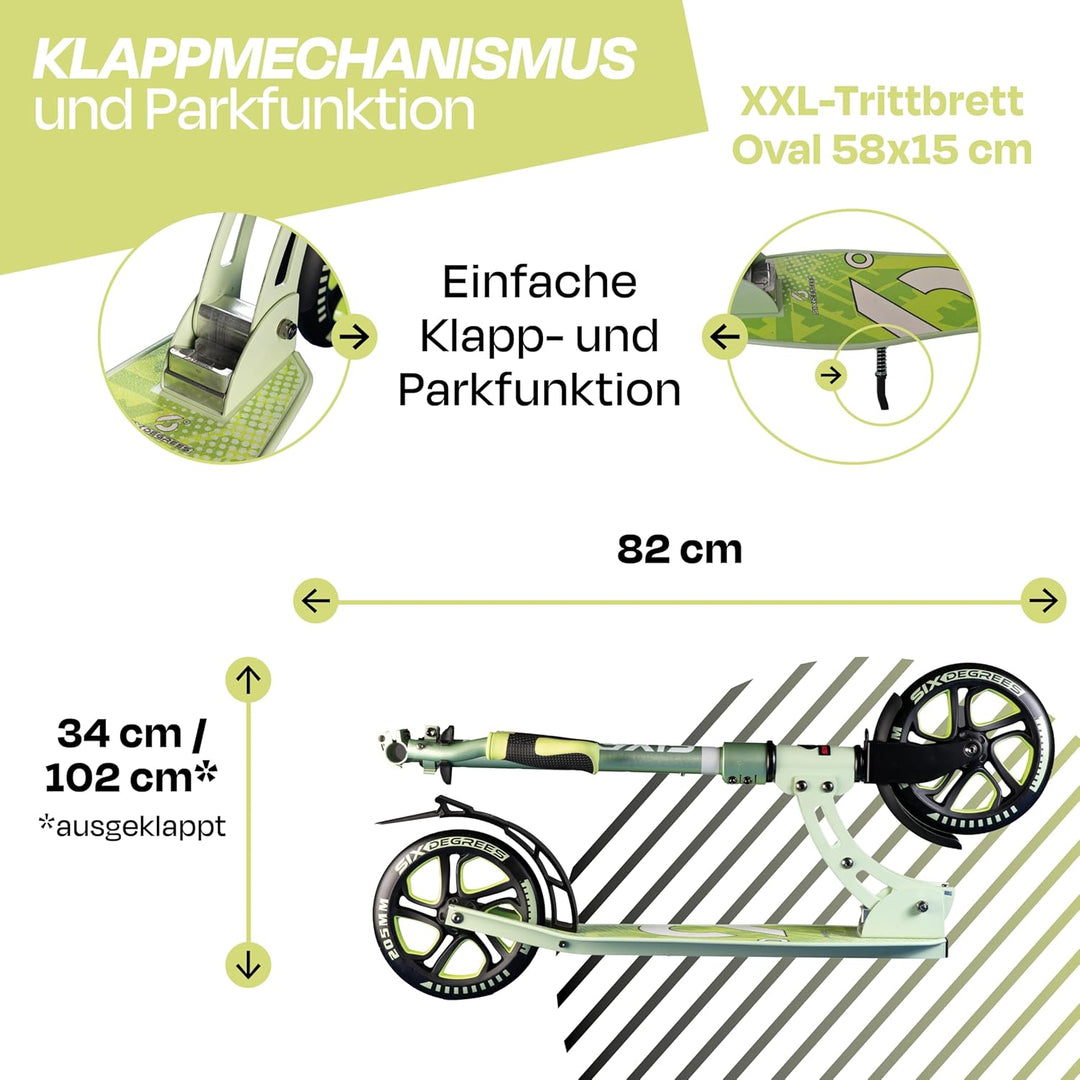 Six Degrees Aluminium Scooter mit Klappmechanismus, Ständer, 205 mm TESTSIEGER, ABEC 7, höhenverstel