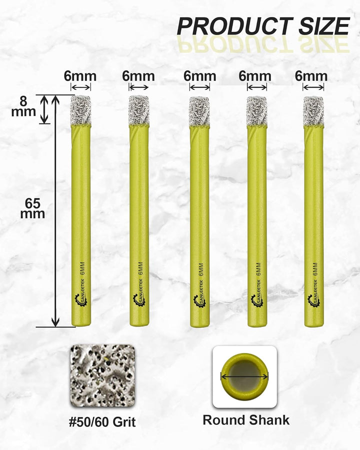 Trocken Diamant Bohrkrone 5 Stücke 6mm Fliesenbohrer mit Rundschaft für Marmor Granit Keramik Porzel