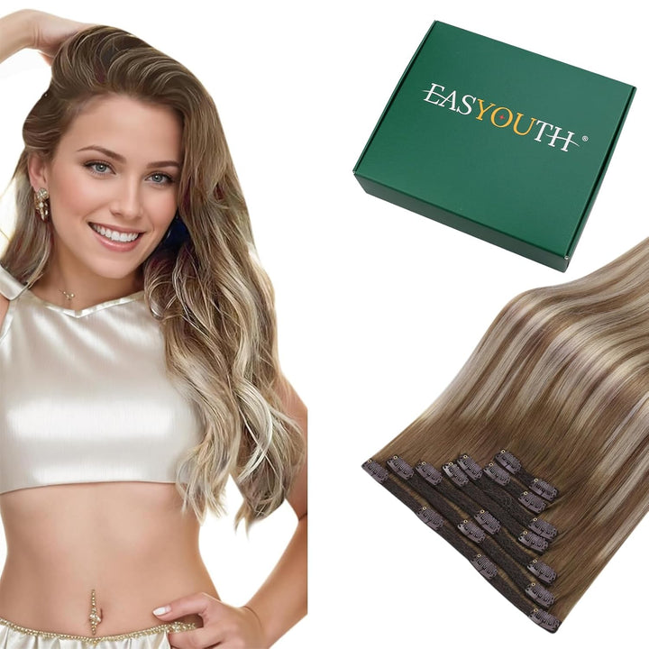 Easyouth Clip Extensions Echthaar Balayage Braun Clip Extensions Remy Clip in Haarverlangerung Mitte