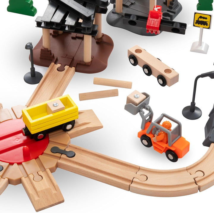 Mamabrum Holzeisenbahn Batteriezug Set - Stadt mit Flugterminal, Kran, Züge, Figuren, Spuren & Leuc