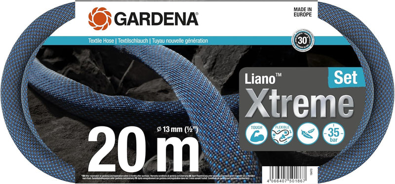 Gardena Liano Xtreme 1/2 Zoll, 20m Set: Extrem robuster Gartenschlauch aus Textilgewebe, mit PVC-Inn