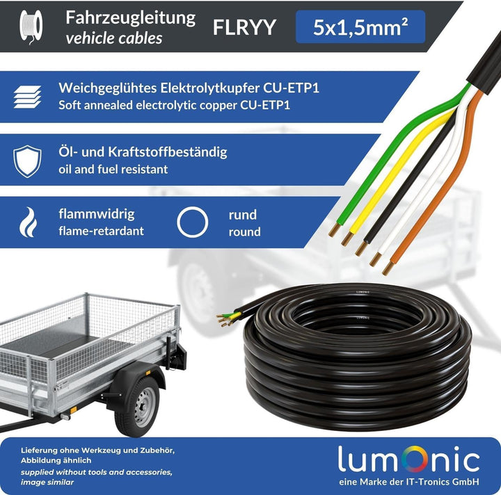 10m Lumonic 1m FLRYY Fahrzeugkabel 5 adrig I Fahrzeugleitung mit Kabelquerschnitt 5x 1,5mm² I Kabel