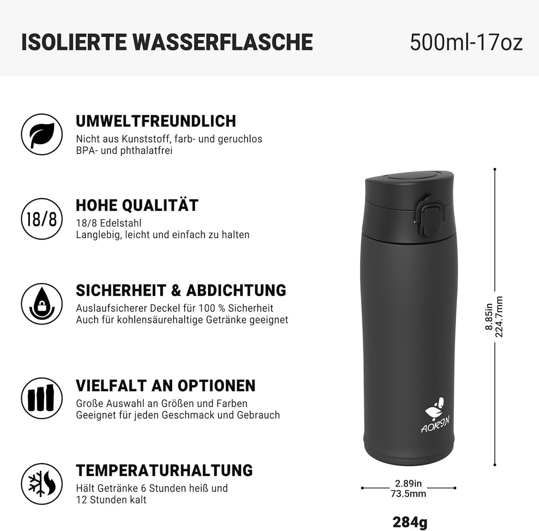 AORIN Trinkflasche Edelstahl 18/8, 500ml, Auslaufsicher Thermoskanne Isolierflasche Doppelwandig mit