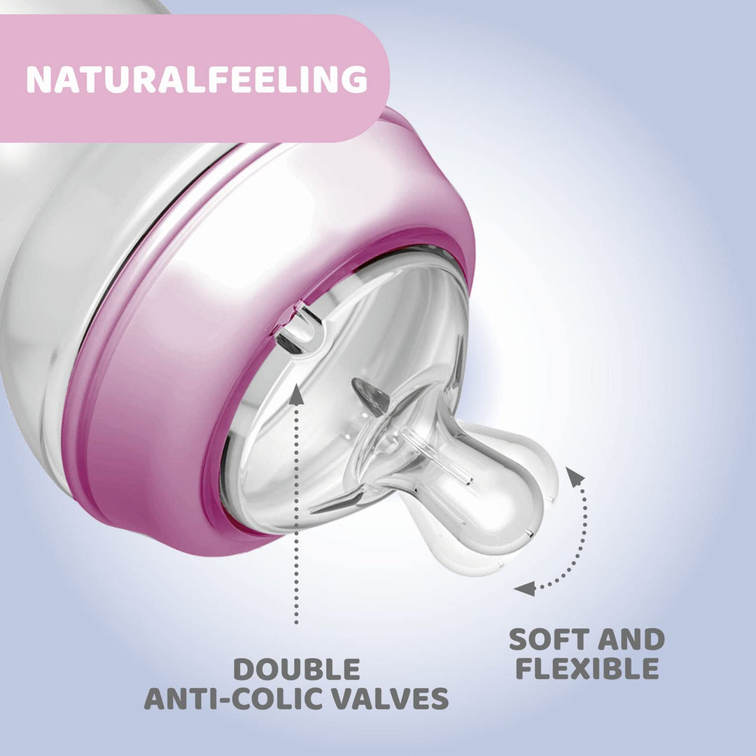 Chicco Natural Feeling Anti-Kolik Babyflasche 6+ Monate, 2 Stück, 330 ml, Babyfläschchen mit Weichem