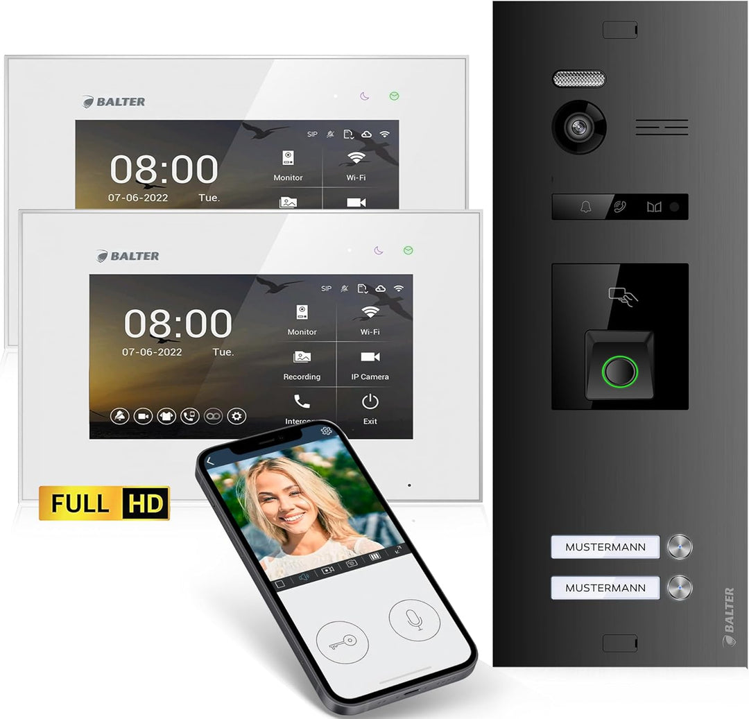 Balter EVO-HD Video Türsprechanlage mit Fingerprint, Video Türklingel, Smartphone App, 2 Familienhau