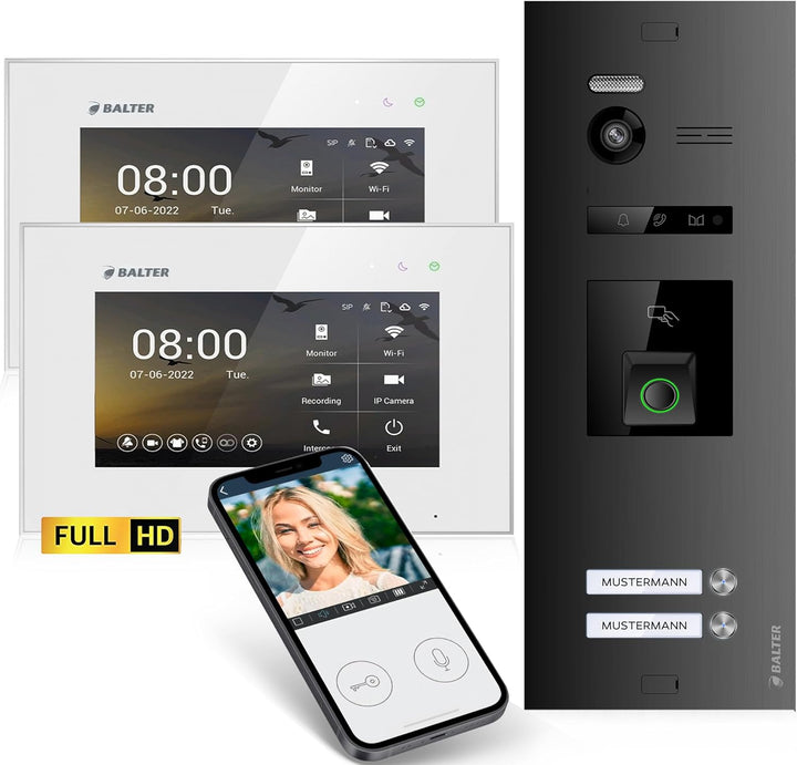 Balter EVO-HD Video Türsprechanlage mit Fingerprint, Video Türklingel, Smartphone App, 2 Familienhau