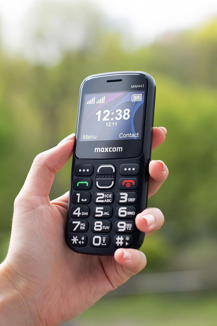 Maxcom MM443 Mobiltelefon für ältere Menschen, 4G, mit grossen Tasten und SOS-Taste, Ladestation, Du