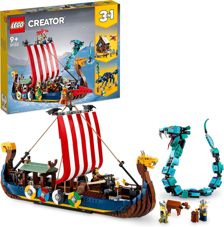 LEGO 31132 Creator 3in1 Wikingerschiff mit Midgardschlange, Set mit Schiff, Haus, Spielzeug-Wolf und