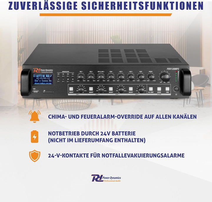 Power Dynamics PDV120MP3 4 Zonen Receiver 120 Watt, Verstärker mit Bluetooth und MP3, USB, SD, UKW R
