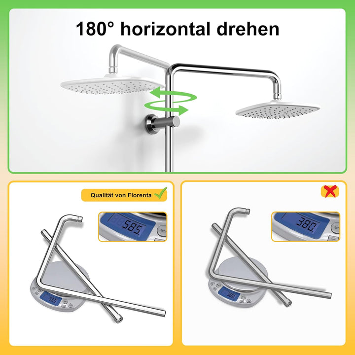 Florenta Regendusche Duschsystem Chrom Duschset mit Edelstahl Duschstange und ABS Kopfbrause, Handbr