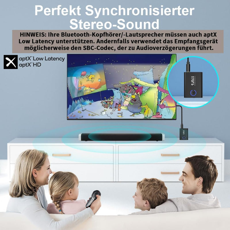 1Mii Bluetooth 5.3 Adapter für TV zu Kopfhörer, 2-in-1 Sender Empfänger, aptX-Adaptive & HD kabellos