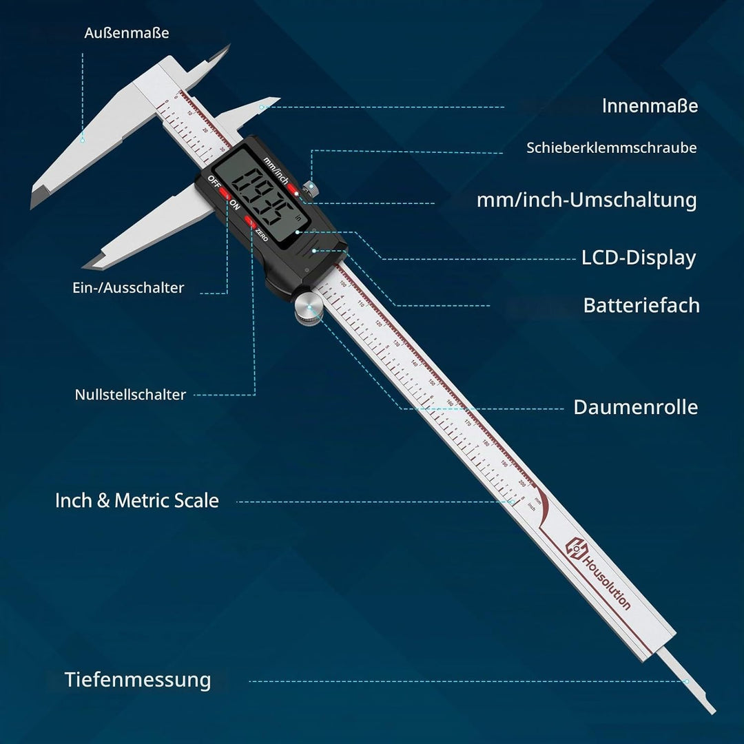Housolution Digitaler Messschieber 8 Zoll, Messschieber mit grossem LCD-Bildschirm, 4 Messwege, Zoll
