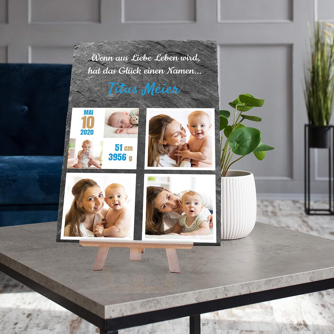 wandmotiv24 Schieferplatte mit eigenen Fotos zur Geburt, 20 x 30 cm, inklusive Staffelei, 5 Fotos +