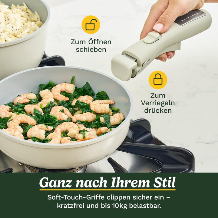 Cuisinart ClickSmart Antihaft‑Kochgeschirr‑Set mit abnehmbarem Griff, 13‑teilig, stapelbar, Keramikb