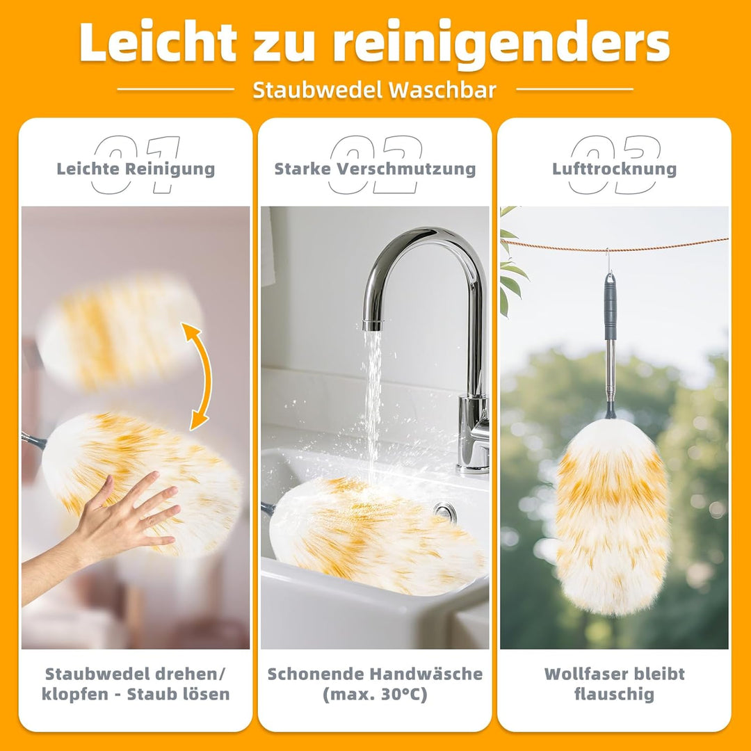Loveco Staubwedel, Hochwertiger Lammwolle Staubwedel Teleskop Waschbar, Ausziehbar bis ca. 130 cm –