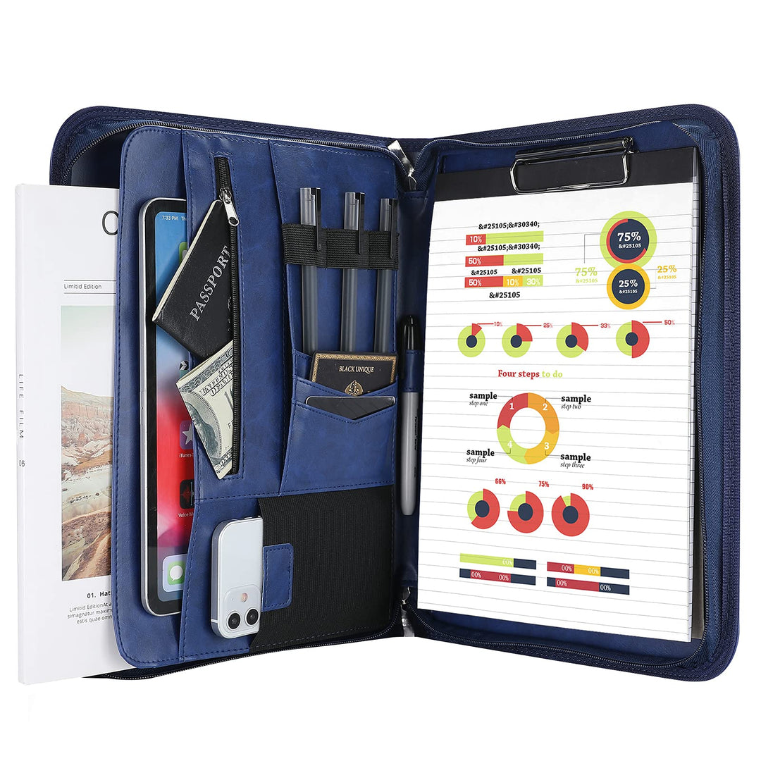 ProCase A4 Schreibmappe PU Kunstleder Konferenzmappe Portfolio mit Reissverschluss Klemmbrett Notizb