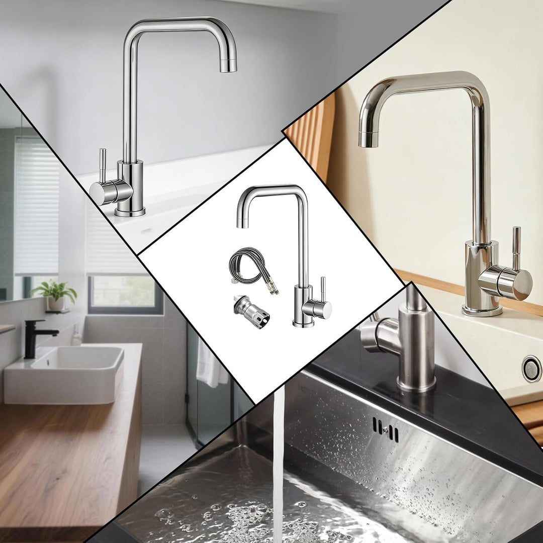 Silber Wasserhahn Küche aus Edelstahl, Küchenarmatur mit 60cm Zulaufschlauch, Mischbatterie Küche, 3