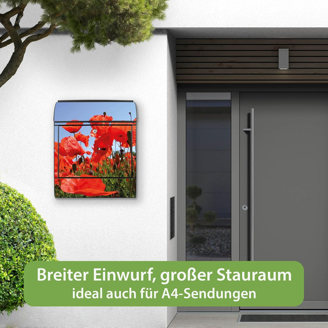 banjado® Design Briefkasten mit Motiv Mohnblumen 39x47x14cm &amp; 2 Schlüssel - Briefkasten Stahl schwar