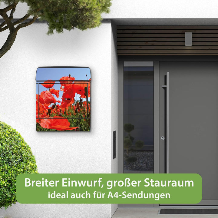banjado® Design Briefkasten mit Motiv Mohnblumen 39x47x14cm &amp; 2 Schlüssel - Briefkasten Stahl schwar