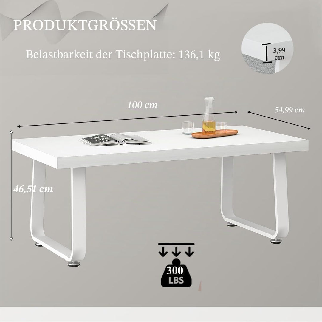 HSH Couchtisch Weiss, Wohnzimmertisch aus Holz Metallgestell, Sofatisch, Tisch, Beistelltisch, Kaffe