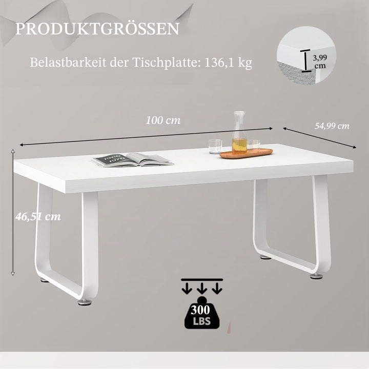 HSH Couchtisch Weiss, Wohnzimmertisch aus Holz Metallgestell, Sofatisch, Tisch, Beistelltisch, Kaffe