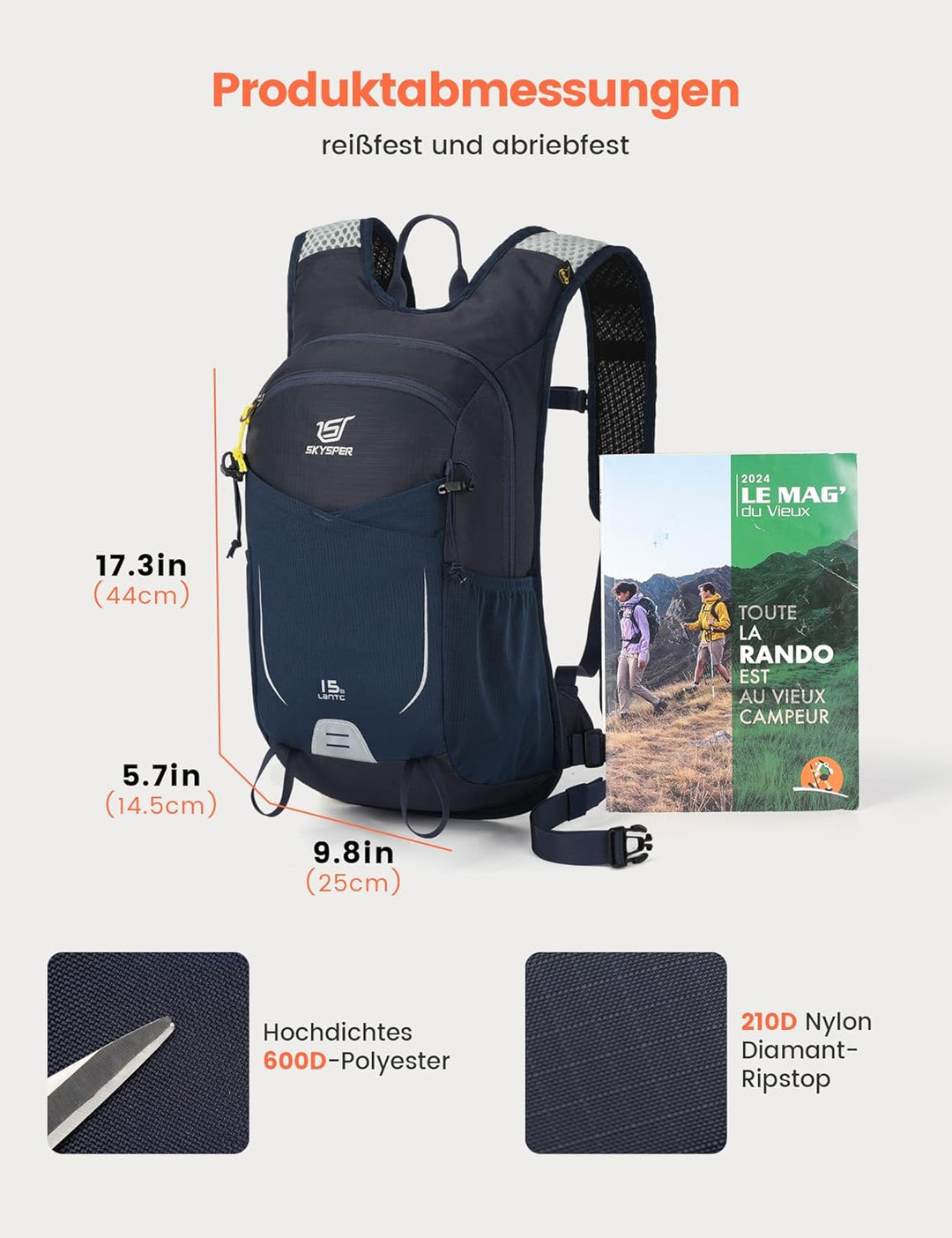 SKYSPER 15L Wanderrucksack für Herren und Damen klein Trekkingrucksack mit Netzrücken Atmungsaktiv f
