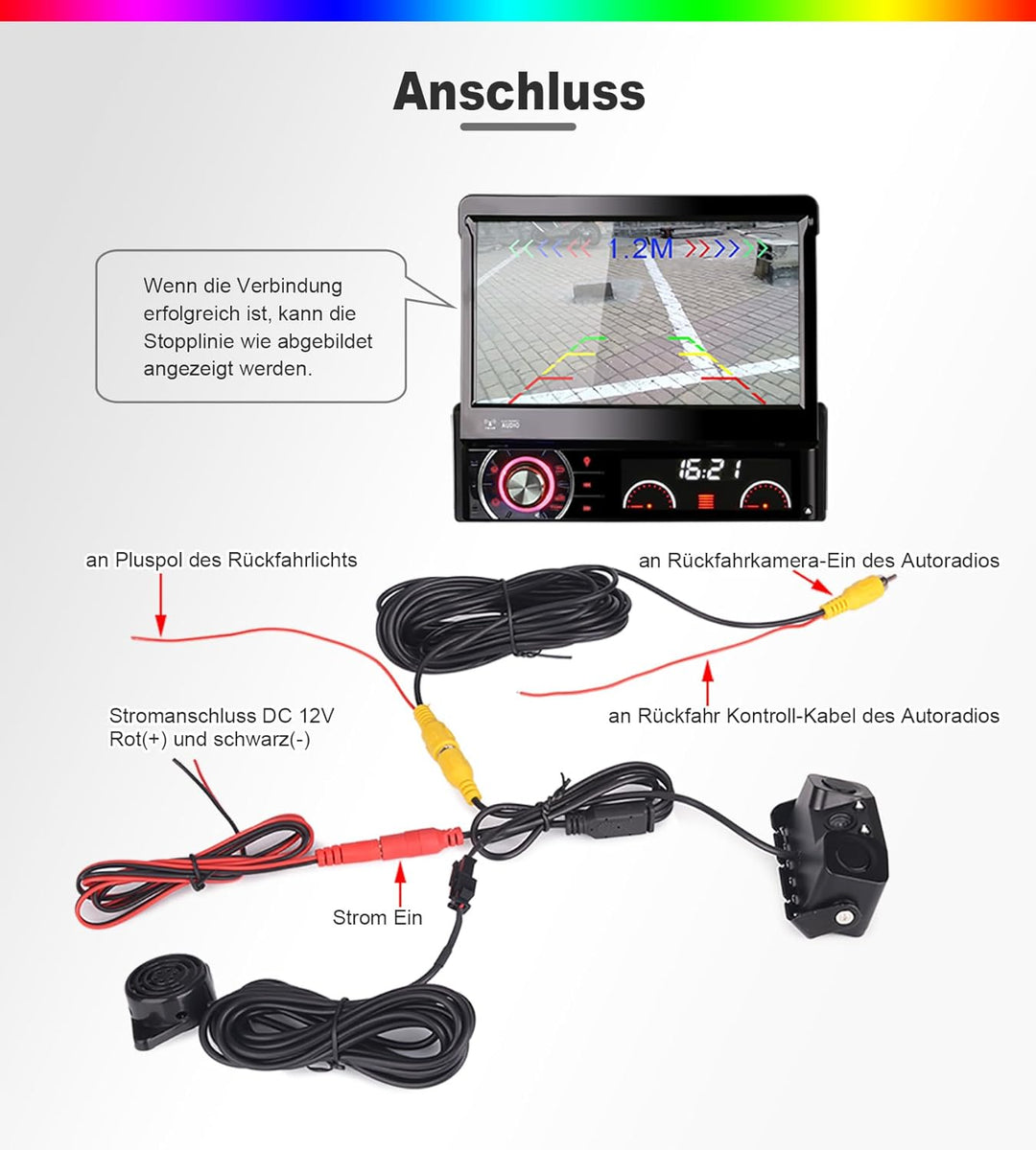 ERISIN AHD 1080P Rückfahrkamera mit Parksensor, Rückfahrkamera-Assistent für Autos, 150-Grad-Blickwi