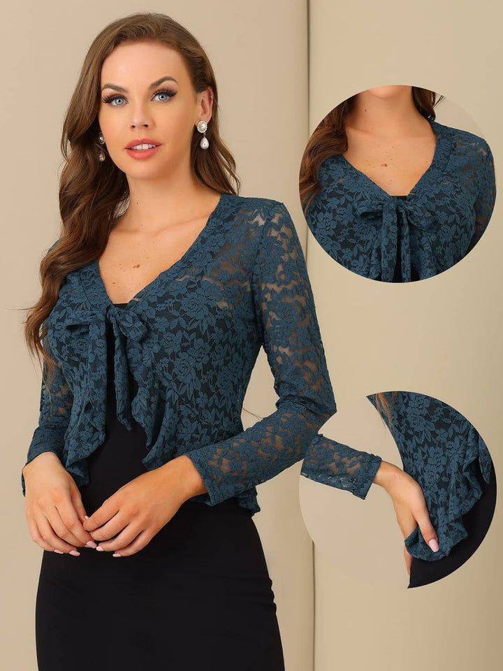 Allegra K Damen Spitzenbolero Langarm Bolero Durchsichtig Rüschensaum Crop Blumen Shrug M Dunkelblau