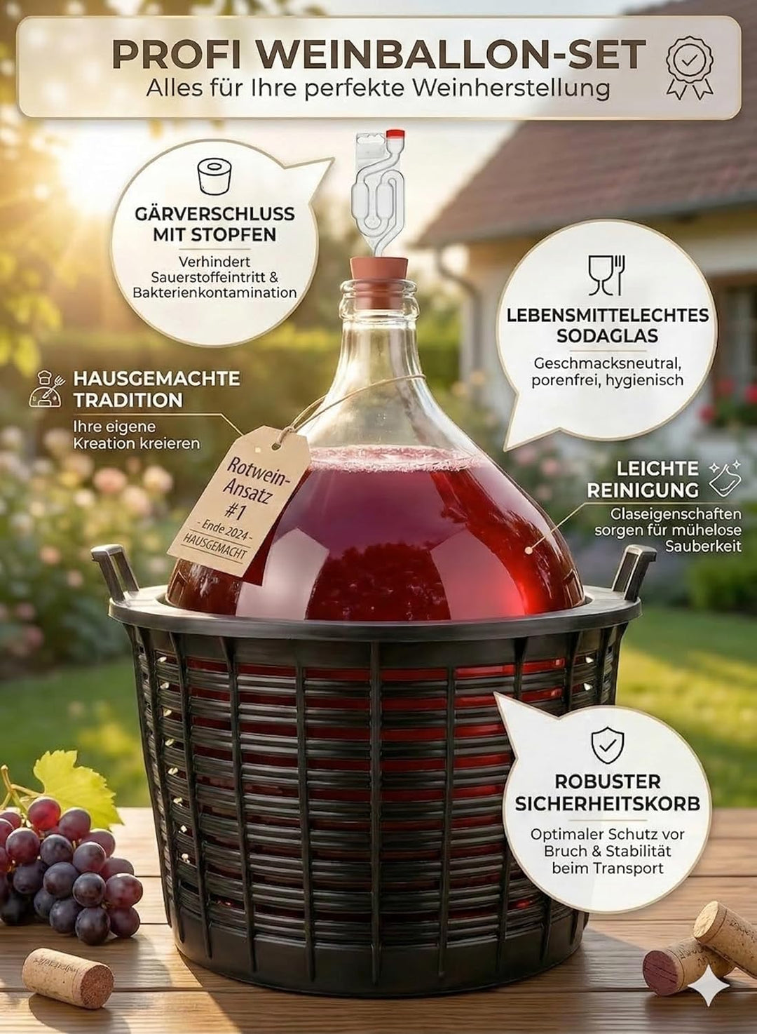 lilawelt24 Glasballon 25L Set mit Gärröhrchen und Gummistopfen - Weinballon im Schutzkorb - Hergeste