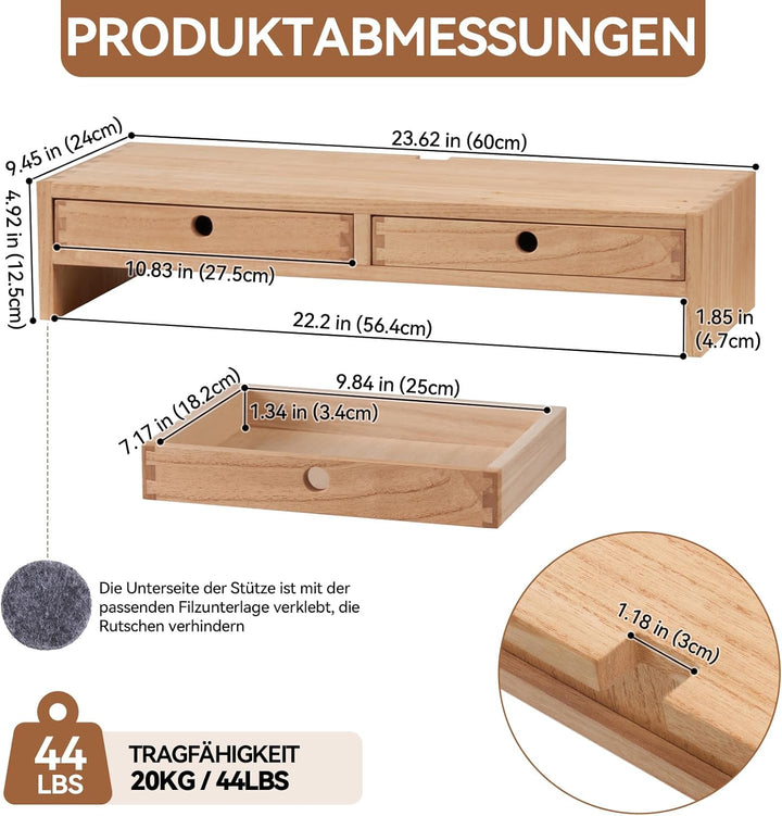 KIRIGEN hölzerner Monitorständer mit 2 Schubladen Computer Desktop Storage Organizer Lautsprecher TV