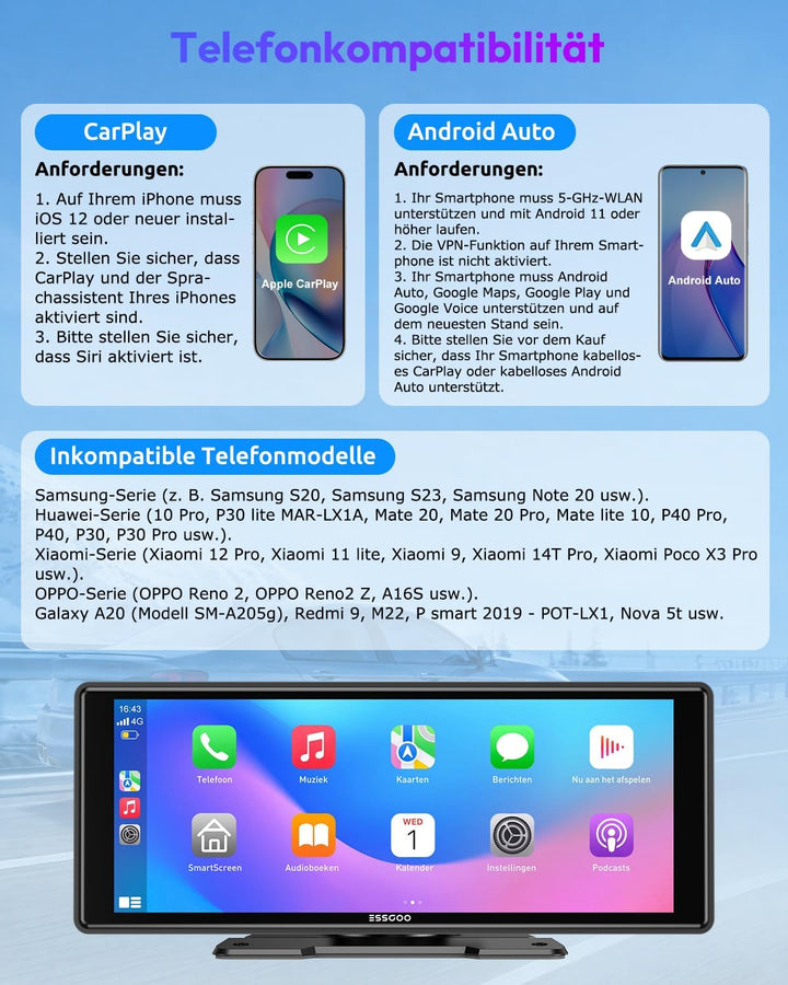 ESSGOO Carplay Android Auto Display mit Rückfahrkamera,10.26 Zoll Apple Carplay Bildschirm für Andro