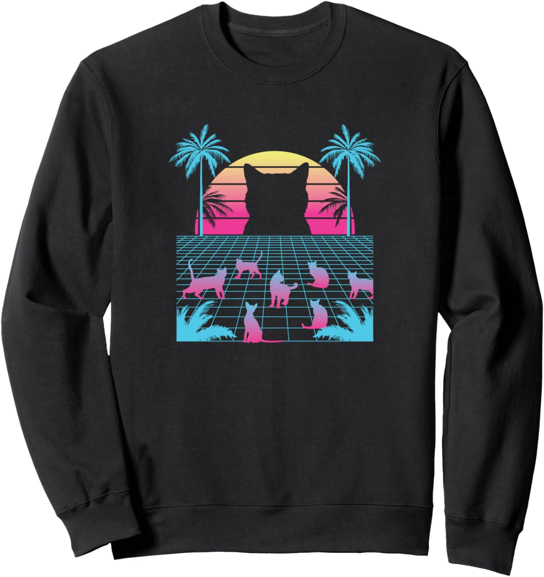 Vaporwave Katze mit Palmen und retro Sonne Sweatshirt
