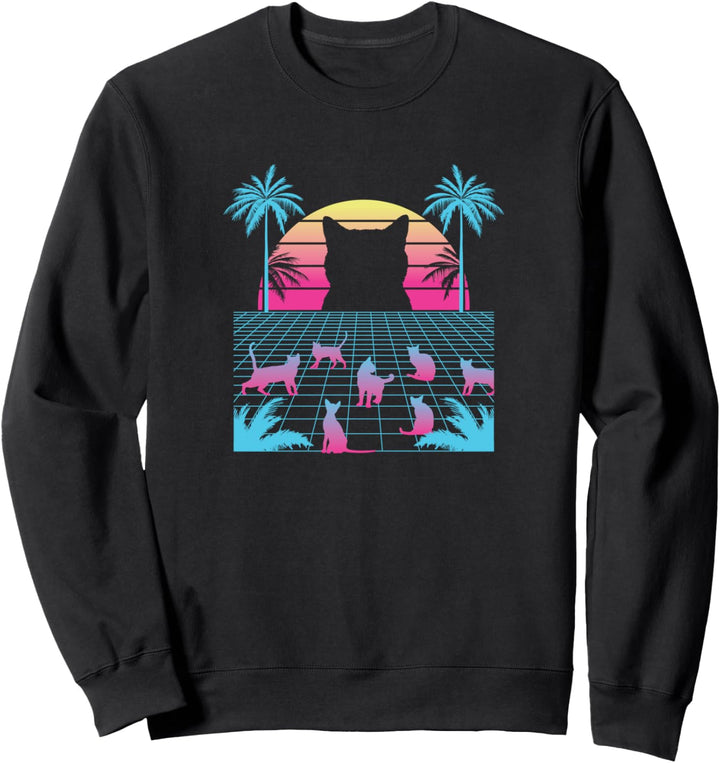 Vaporwave Katze mit Palmen und retro Sonne Sweatshirt