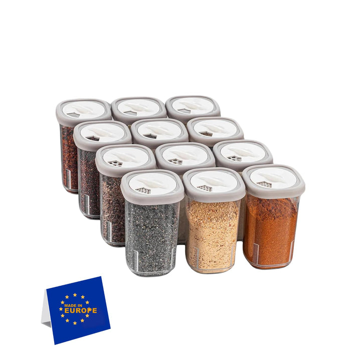 IDOBY 12er Set Gewürzbox aus Kunststoff, Transparente Gewürzdose, BPA-Freiem Kunststoff Camping Gewü