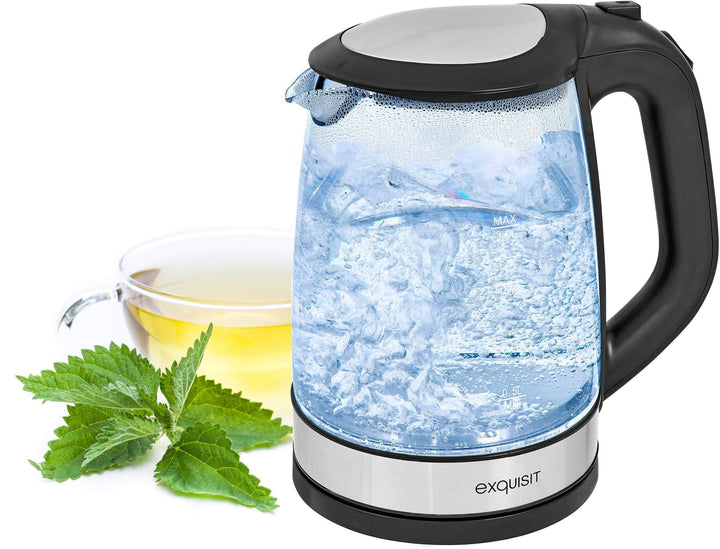 Exquisit Glas Wasserkocher WK 3501 swg | Elektrischer Wasserkocher 2 Liter | 2200 Watt | Innenbeleuc
