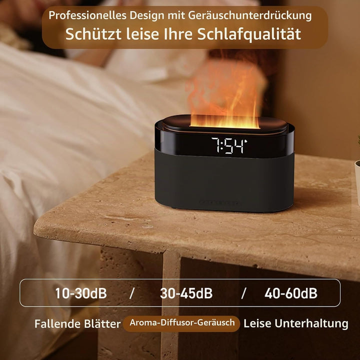 Flammen Aroma Diffuser mit Lichtwecker,Diffuser Ätherische Öle mit Fernbedienung,Wecker mit Licht,Lu