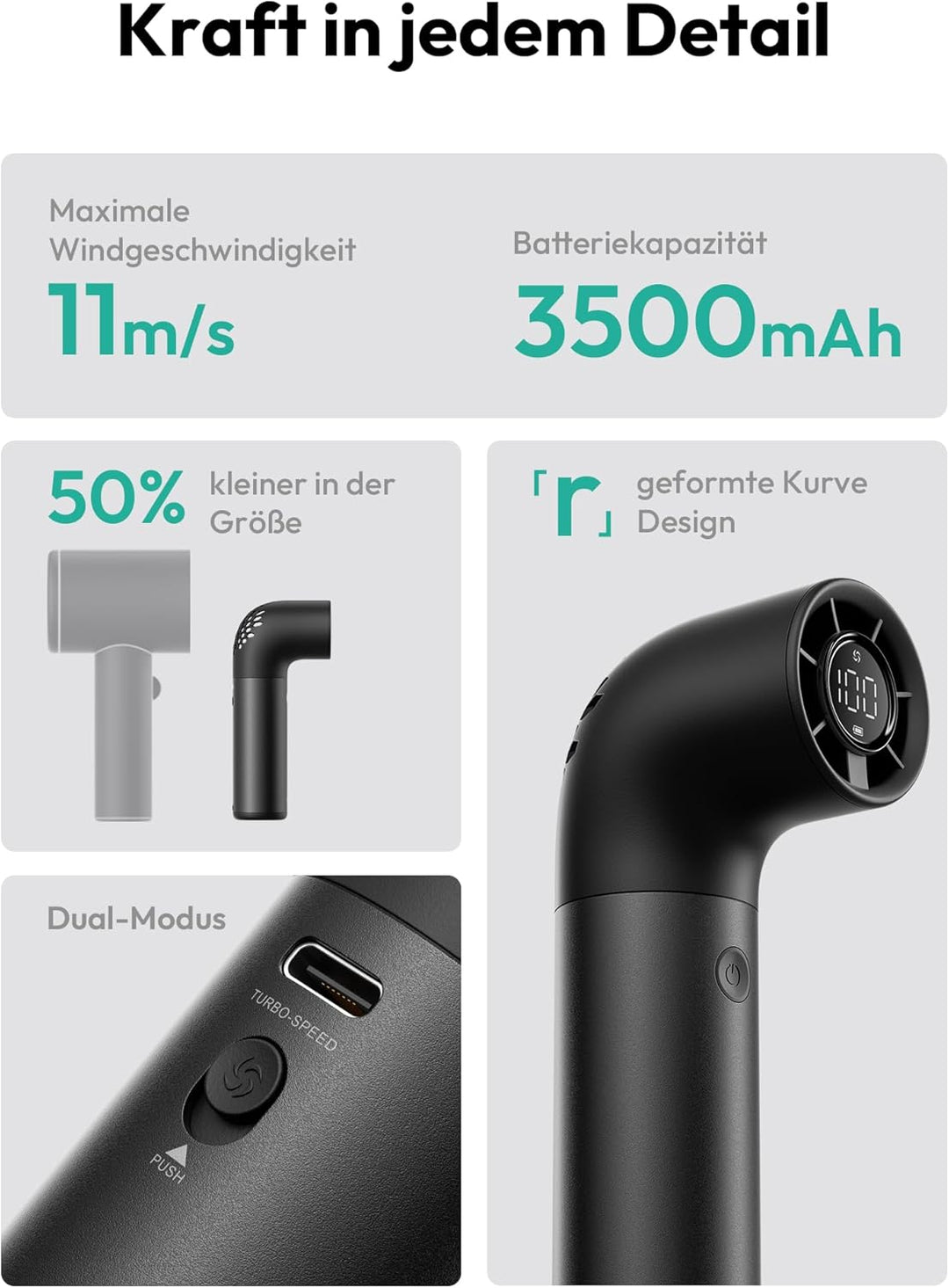 Aecooly Tragbarer Handventilator, Leistungsstarker Turbo-Lüfter mit 19000 U/min, Aero Pro, Bis zu 15