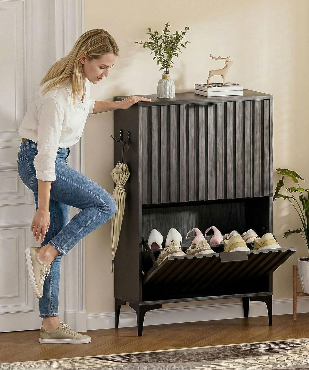 Yorbay 2 Klappen Schuhschrank Schmal: Schuhkipper mit oberem Staufach für 8-12 Paar Schuhe - Platzsp