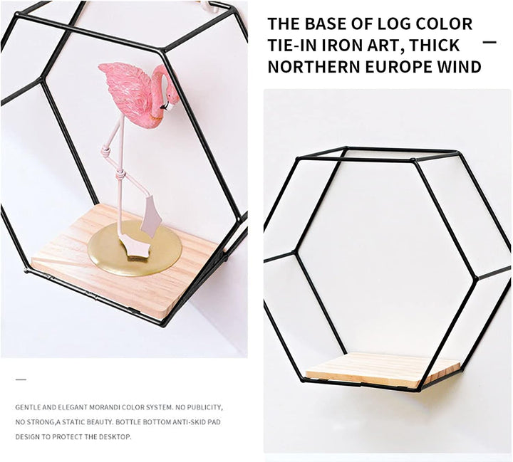 LMYDIDO 3er-Set Hexagon Wandregal Hängeregal, Metall und Holz Schweberegal Wandaufbewahrung Organize