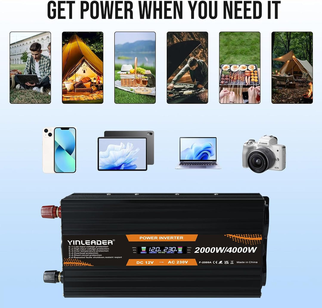 Yinleader Wechselrichter 12V 230V 2000W Spannungswandler mit LCD Display DC 12V auf 230V AC Spitzenl
