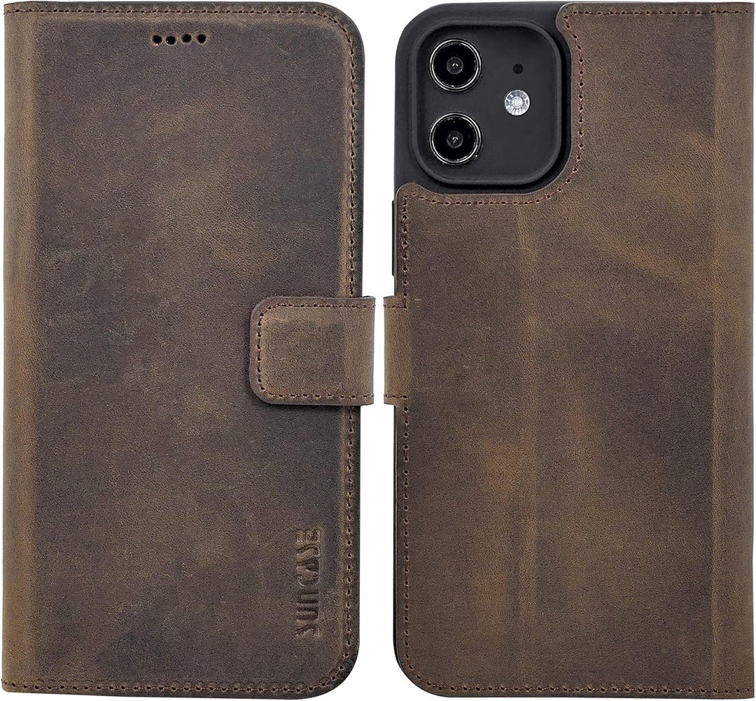 Suncase Book-Style Hülle kompatibel mit iPhone 12 (6.1") Leder Tasche (Slim-Fit) Lederhülle Handytas