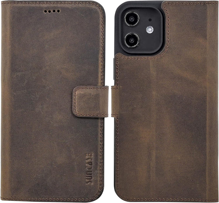 Suncase Book-Style Hülle kompatibel mit iPhone 12 (6.1") Leder Tasche (Slim-Fit) Lederhülle Handytas