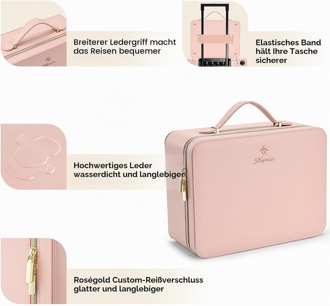 Leder-Kosmetiktasche mit LED-beleuchtetem Spiegel Reise-Kosmetikkoffer Einstellbare Helligkeit in 3